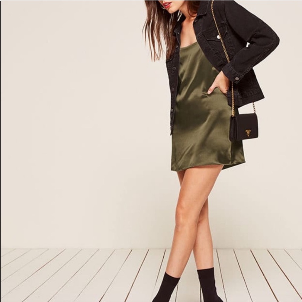 Reformation Dark Green Aymie Silk Dress